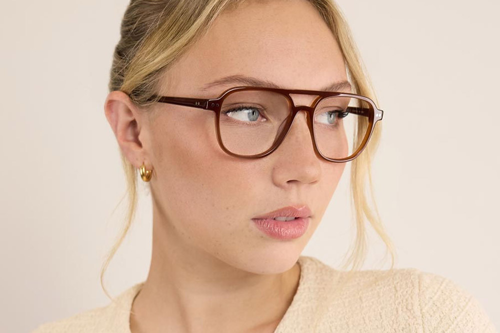 Duckworth optical acetate frames worn by model.