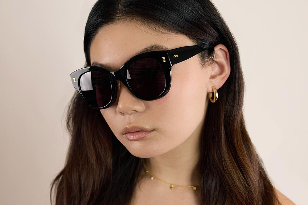 Gaia sunglasses bio-acetate frames worn by model.