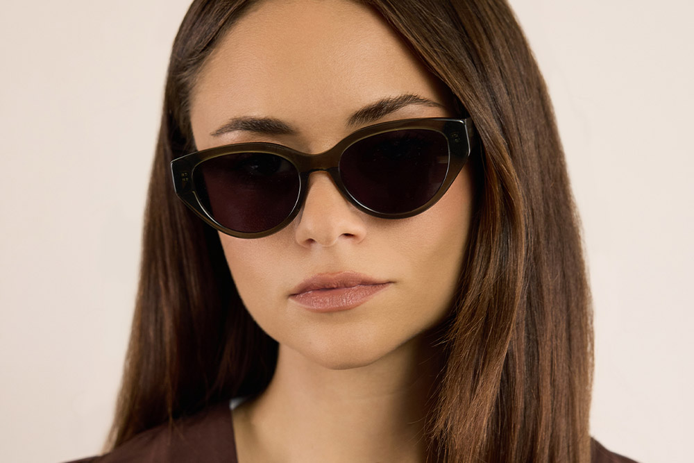 Shae sunglasses bio-acetate frames worn by model.