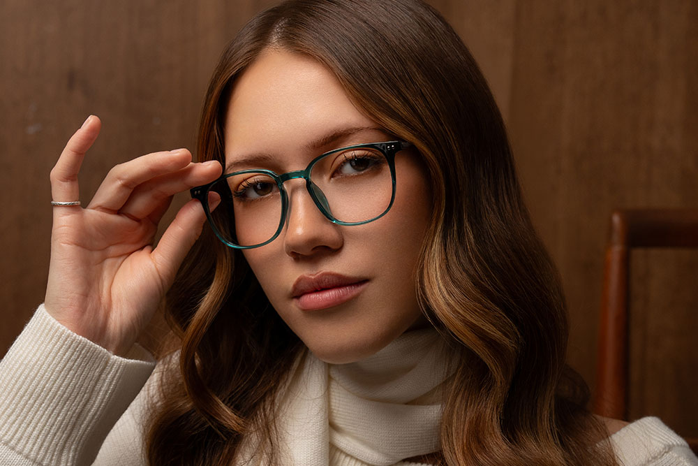 Model wearing Oscar Wylee Yvonne TR90 and metal optical frames.