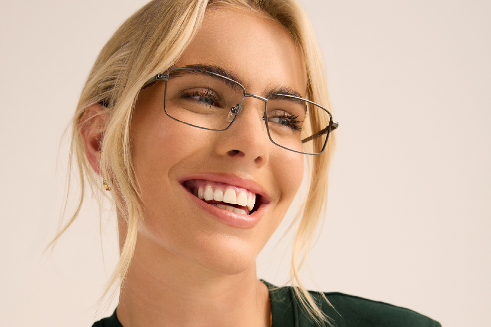 Gibbs Metal eyeglasses frame worn by model.