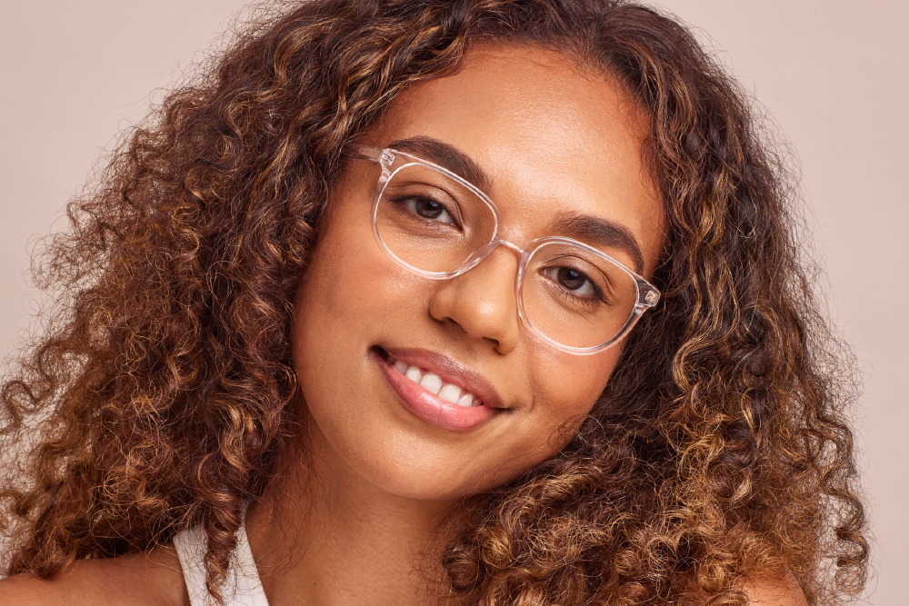 Celeste Acetate eyeglasses frame worn by model.
