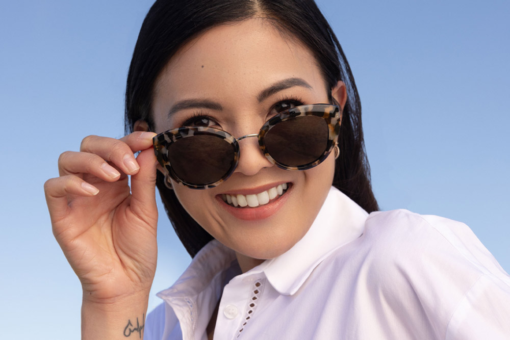 Angelica Acetate eyeglasses frame worn by model.