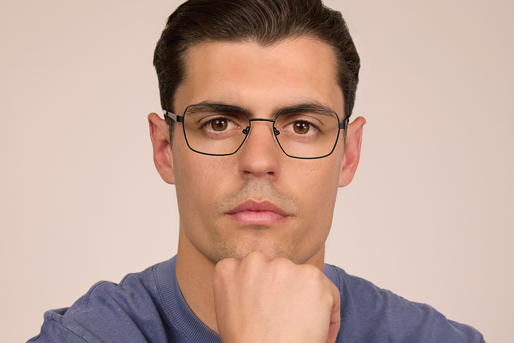Miranda eyeglasses frame worn by model.
