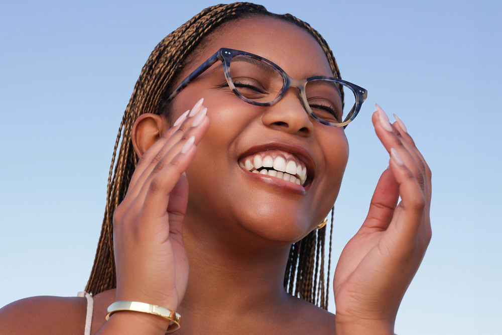 Nina Acetate eyeglasses frame worn by model.