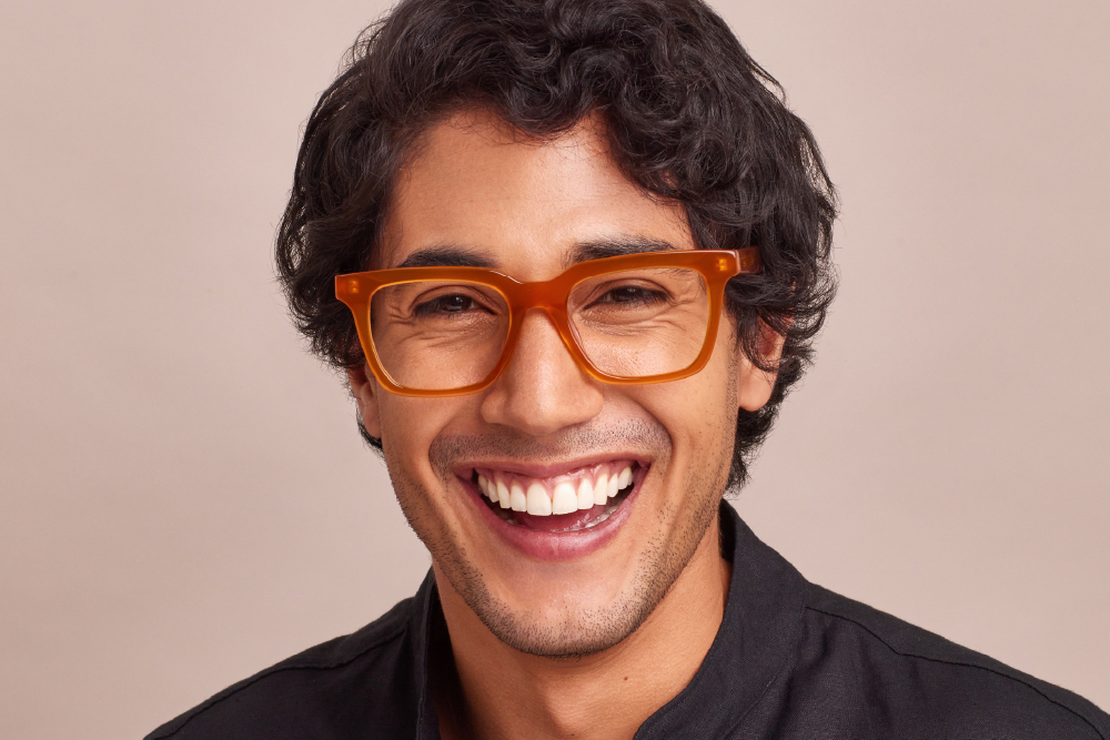 Serge Acetate eyeglasses frame worn by model.