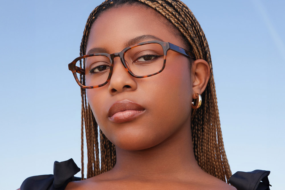 Zhane Acetate eyeglasses frame worn by model.